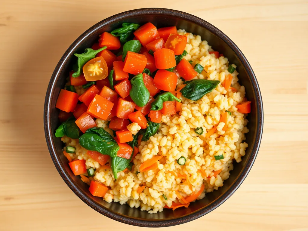 A flavorful microwave boxed couscous bowl topped with fresh vegetables.