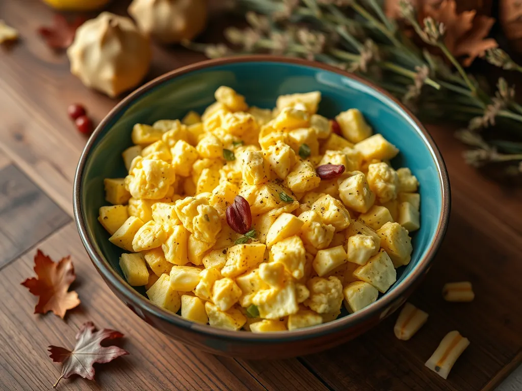 Bowl of microwave scrambled eggs with canned diced artichokes