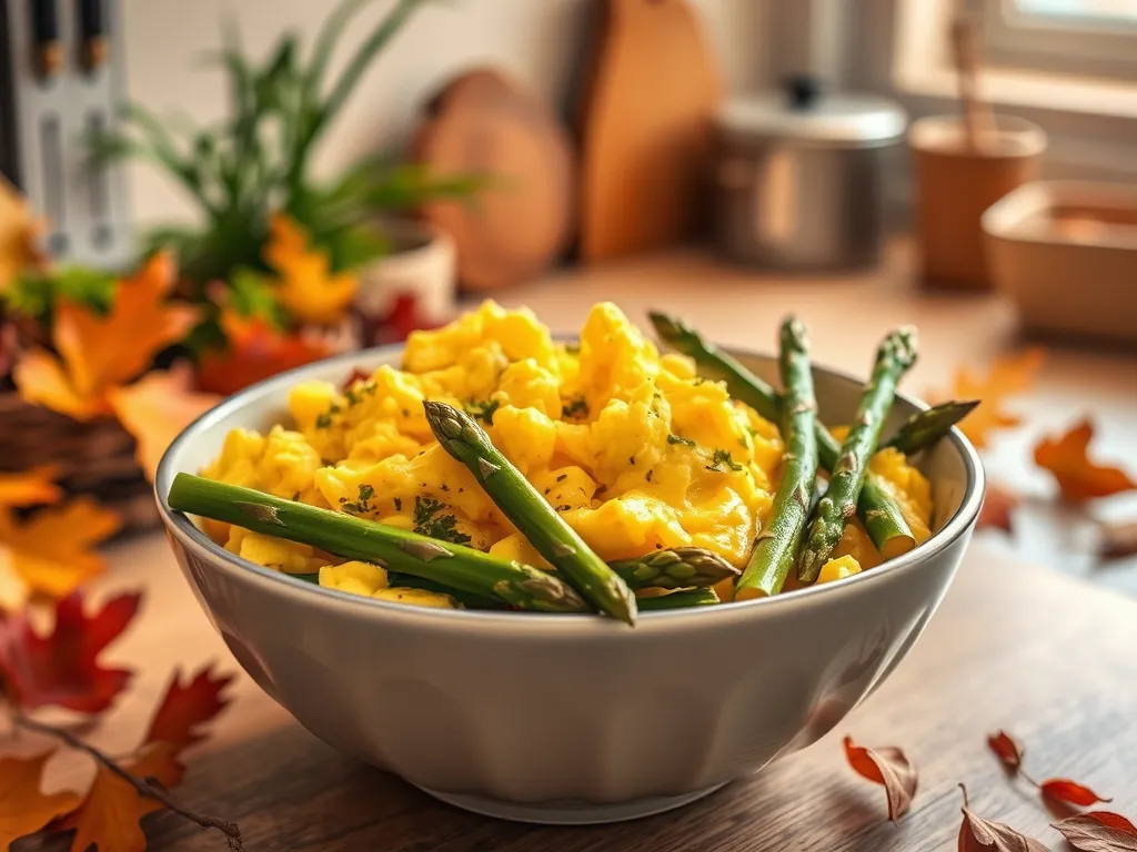 Quick recipe for microwave eggs with canned diced asparagus for an easy meal.