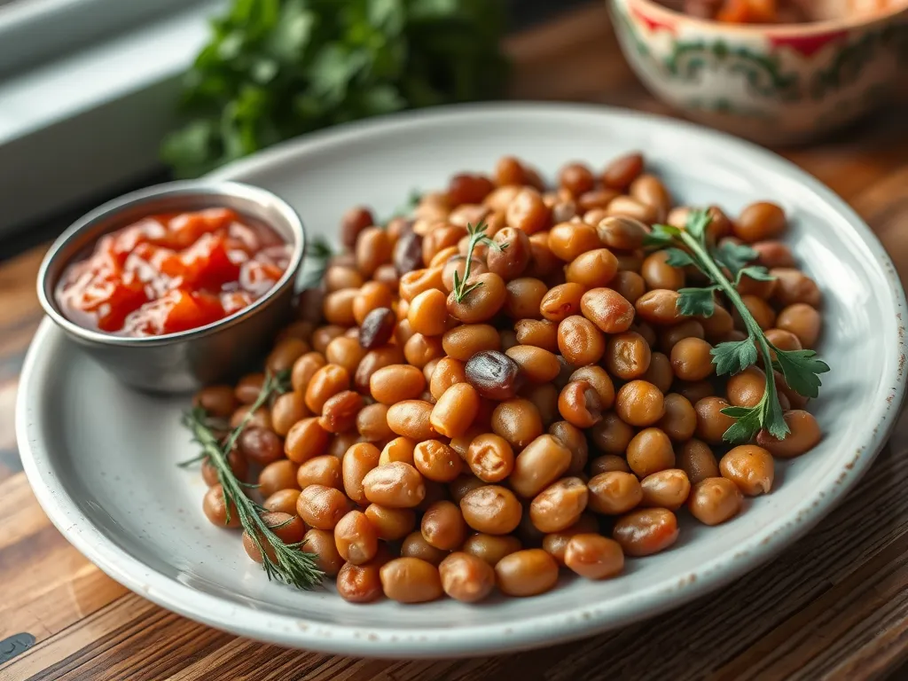 Plate of canned beans with herbs, suitable for cheap microwave egg recipes