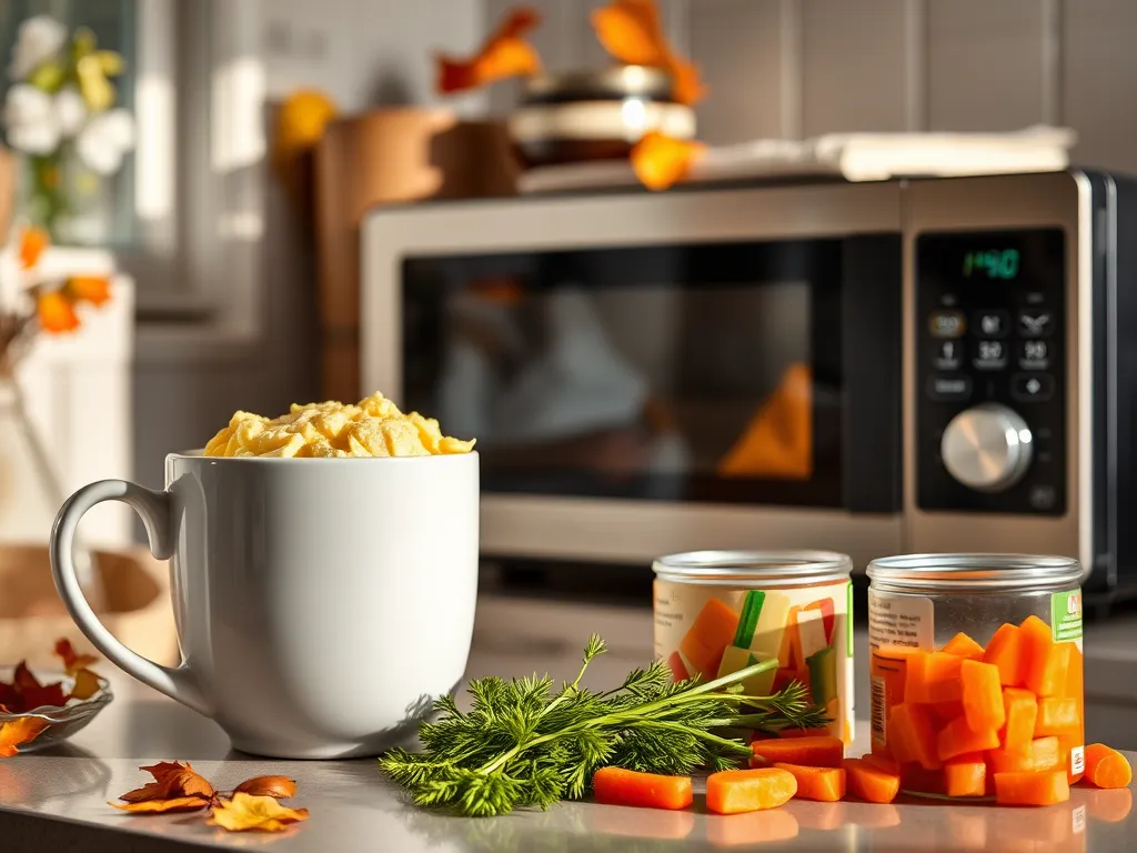 Microwave egg in a mug with canned diced carrots beside it, showcasing a quick meal idea.