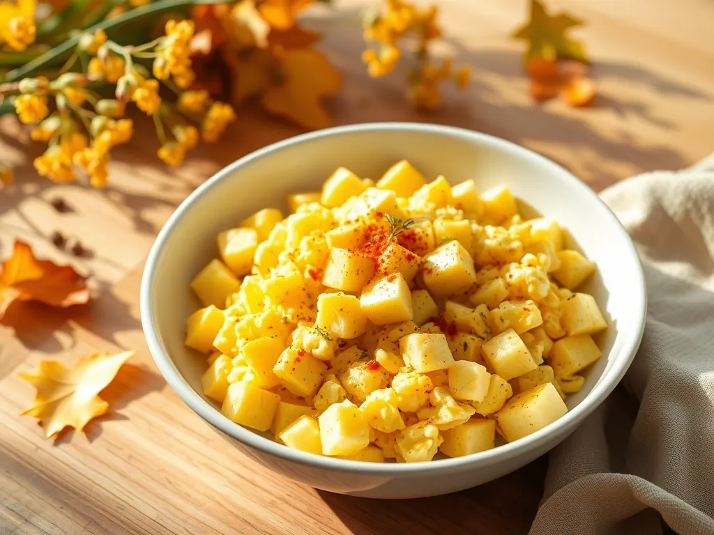 Microwave scrambled eggs with canned diced rutabagas in a bowl