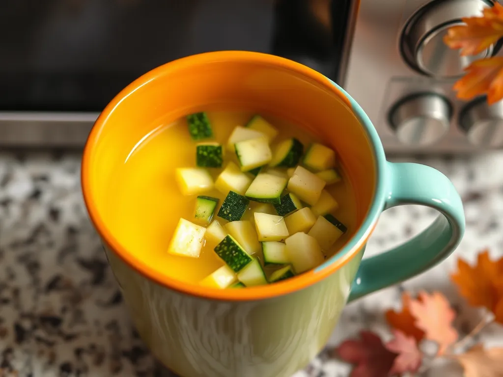 A mug filled with scrambled eggs and diced zucchini, perfect for a quick meal.