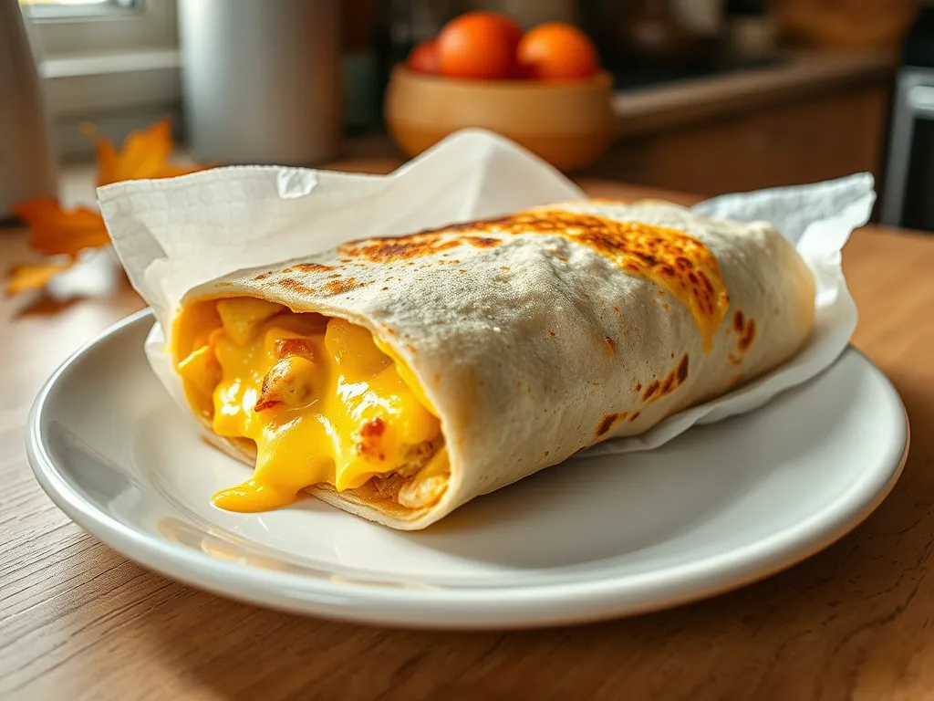 Microwave egg and cheese burrito on a plate, perfect for a quick meal.