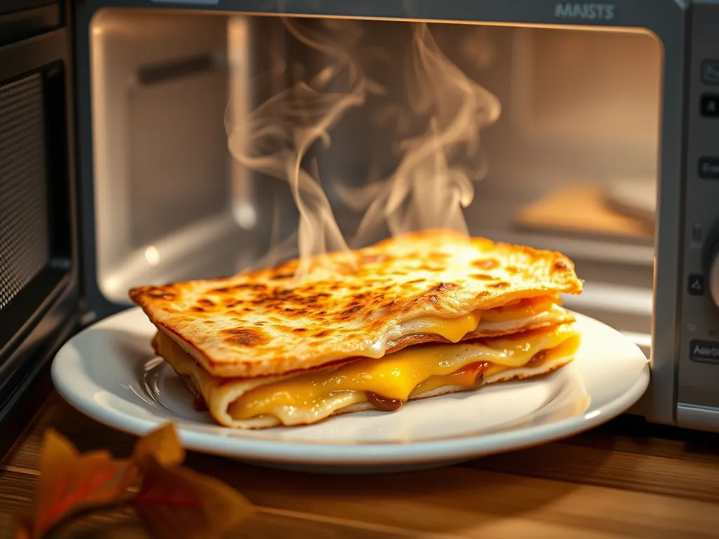 Steaming microwave egg and cheese quesadilla on a plate, perfect for a quick meal.