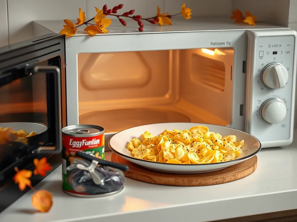 Plate of scrambled eggs with canned diced eggplant, prepared in a microwave.