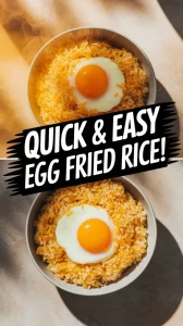 Delicious microwave egg fried rice made from leftover rice topped with a fried egg.