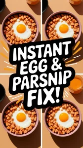 Bowl of microwave egg topped with diced parsnips, showcasing a quick recipe.