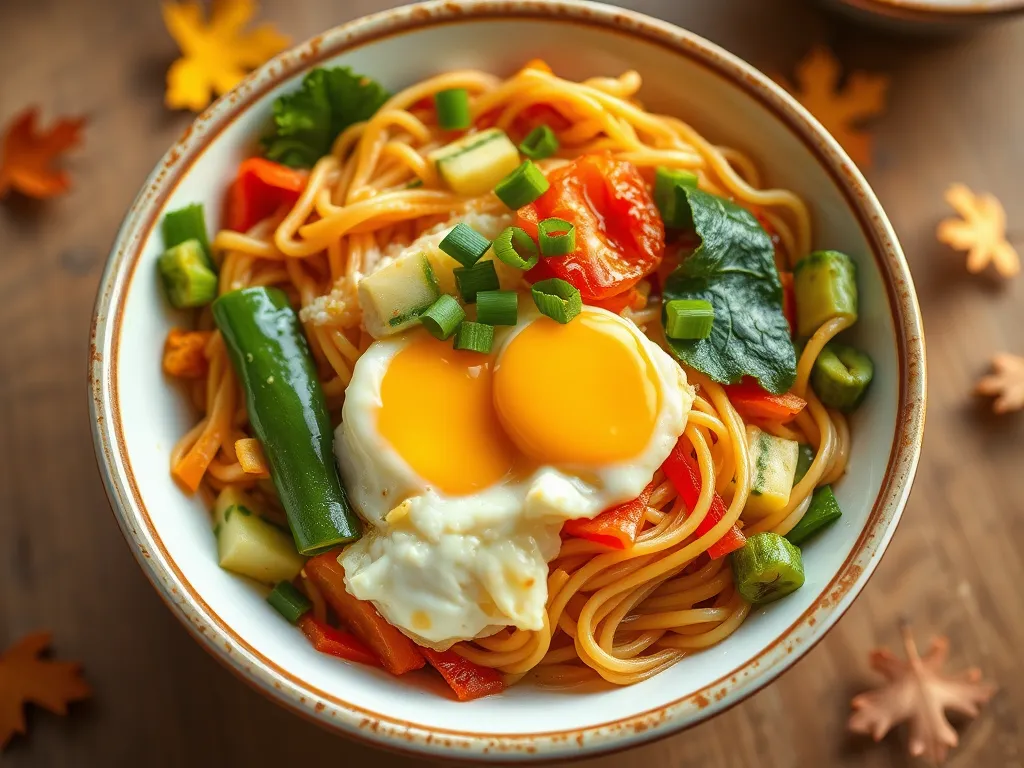 Delicious cheap microwave egg and ramen stir-fry with vegetables