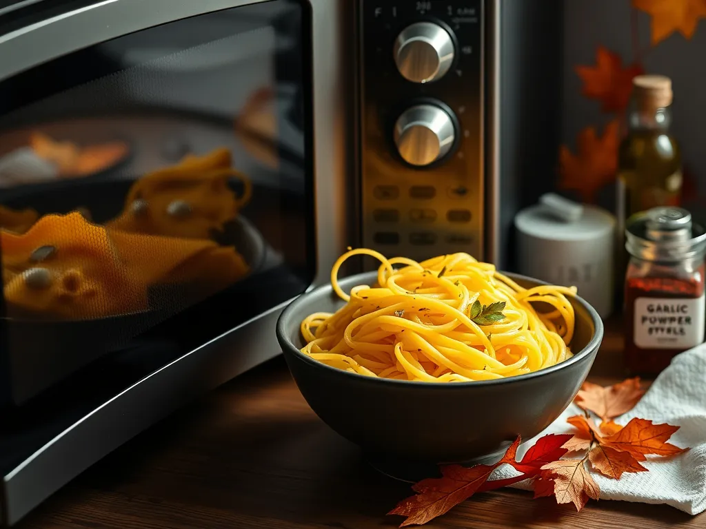 Bowl of spaghetti in front of a microwave, illustrating a simple meal prep using canned diced squash and microwave eggs.