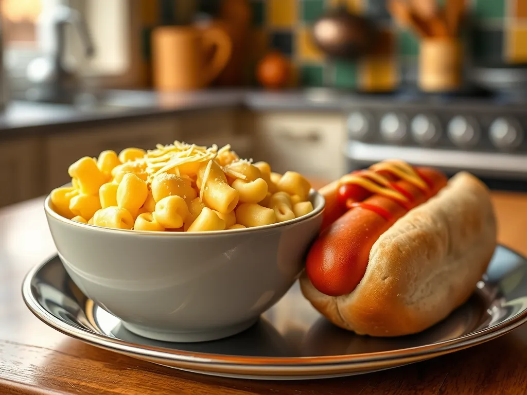 Bowl of mac and cheese alongside a microwave hot dog, perfect for quick meals.