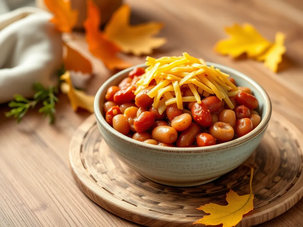 Delicious bowl of canned baked beans topped with shredded cheese, perfect with microwave hot dog.