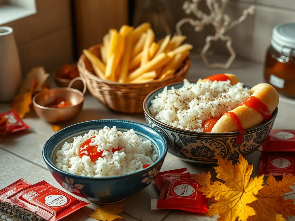 Delicious microwave hot dog served with boxed rice and condiments