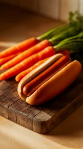 Microwave hot dog alongside fresh carrots, ideal for quick meals.