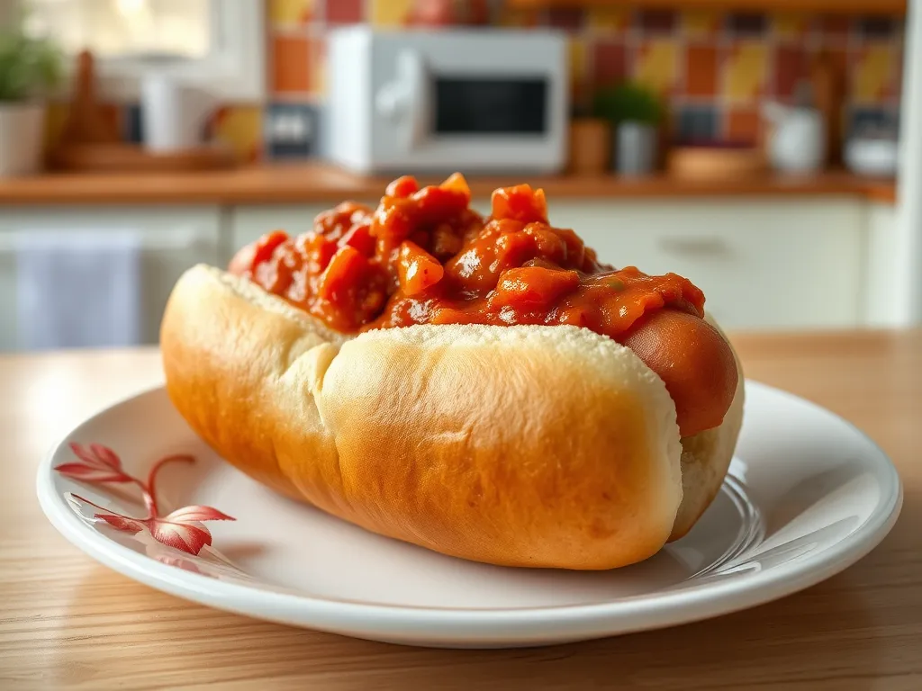 Microwave hot dog topped with canned chili on a plate
