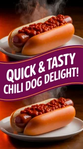 Delicious quick microwave hot dog topped with canned chili