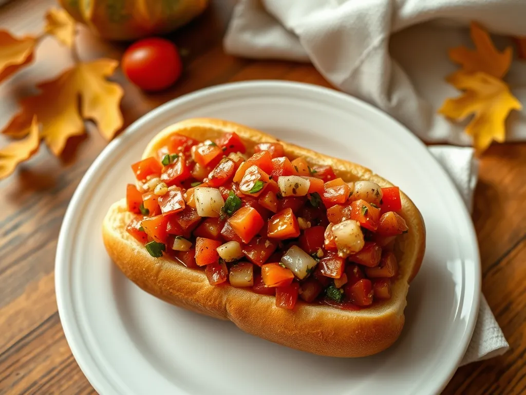 Microwave hot dog topped with diced tomatoes for a quick and cheap meal