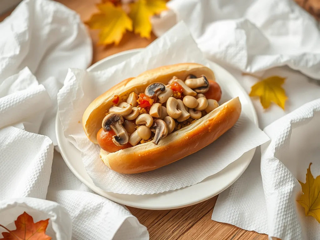 Microwave hot dog topped with canned diced mushrooms on a plate