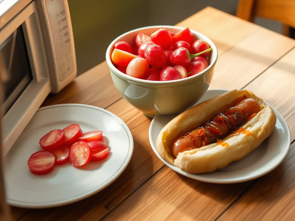 A delicious microwave hot dog served with a bowl of canned diced radishes and sliced tomatoes.