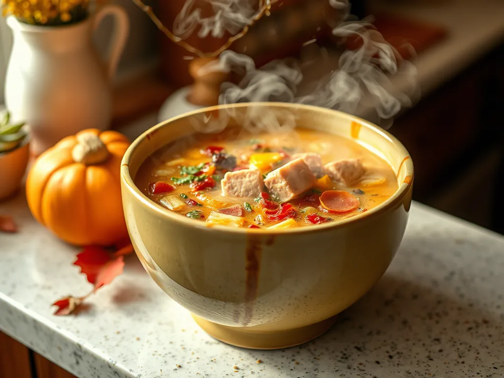 Bowl of steaming soup with vegetables and meat, perfect for a cheap microwave meal.