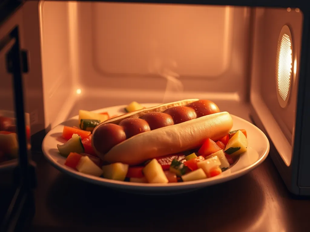 Microwave hot dog served on a plate with mixed canned vegetables