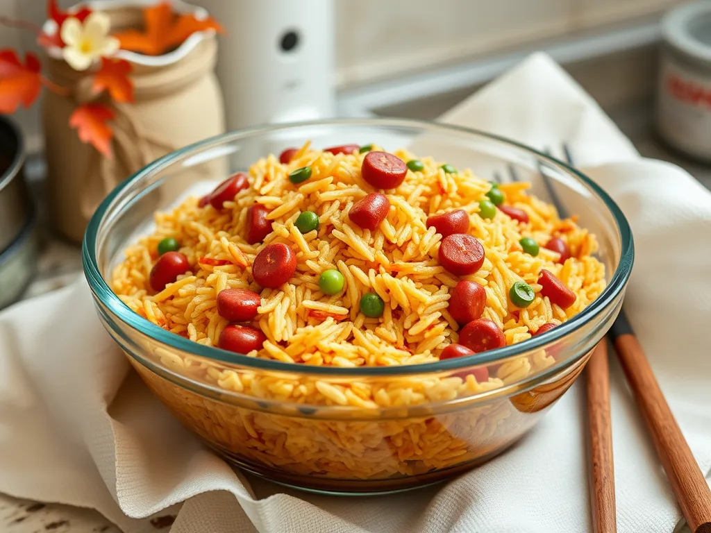 Bowl of cheap microwave hot dog fried rice with peas and red hot dog slices