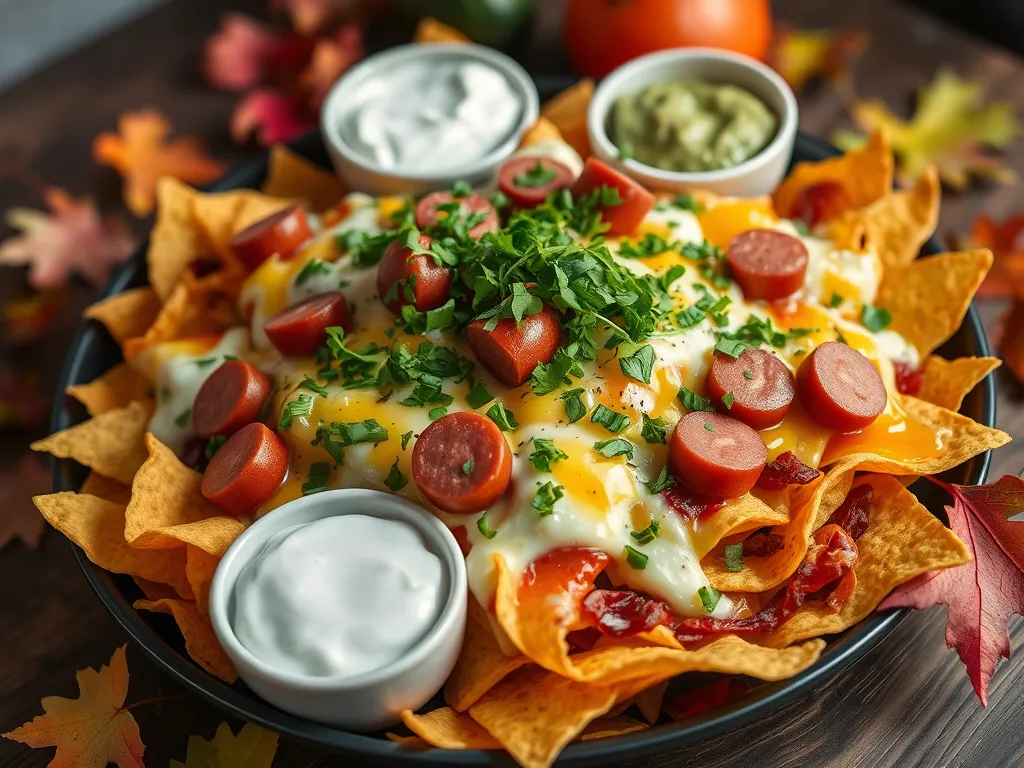 A plate of hot dog nachos featuring melted cheese, chopped hot dogs, and fresh herbs, perfect for a quick microwave meal.