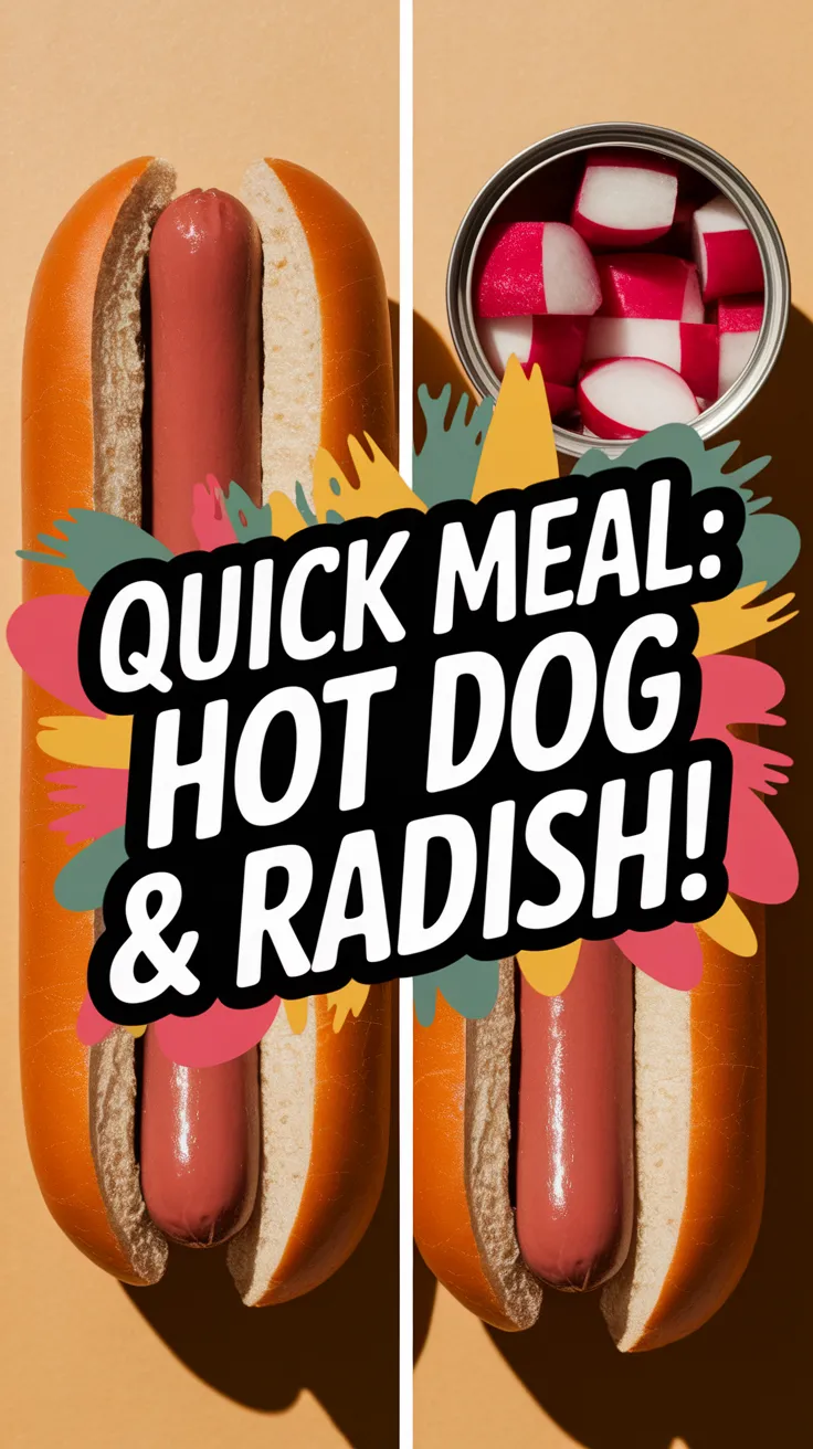 A microwave hot dog served in a bun alongside canned diced radishes, showcasing a quick meal.