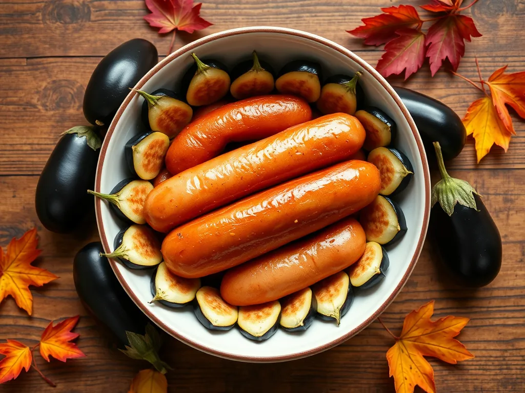 Bowl of cheap microwave hot dogs surrounded by canned diced eggplant slices.