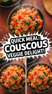 Bowl of cheap microwave instant couscous with colorful veggies.