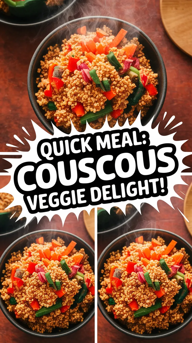 Bowl of cheap microwave instant couscous with colorful veggies.