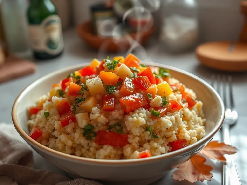 Bowl of cheap microwave instant couscous with colorful veggies