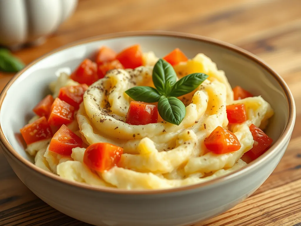 Bowl of cheap microwave instant mashed potatoes topped with diced tomatoes and basil.