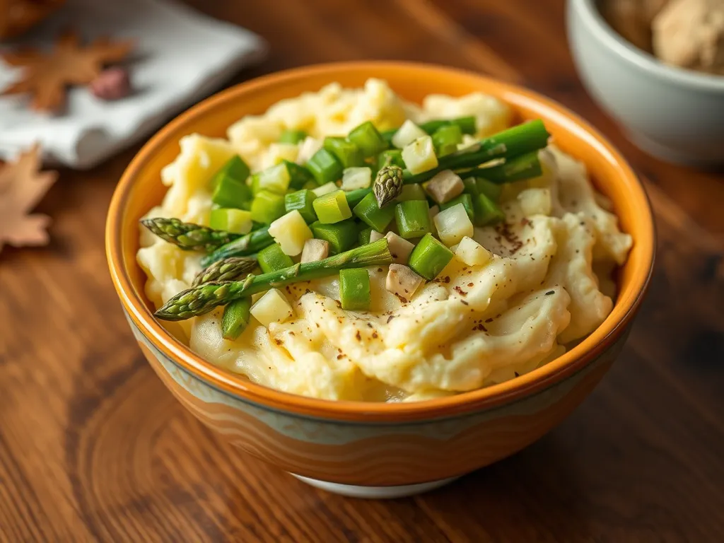 Bowl of cheap microwave instant mashed potato topped with canned diced asparagus and green onions