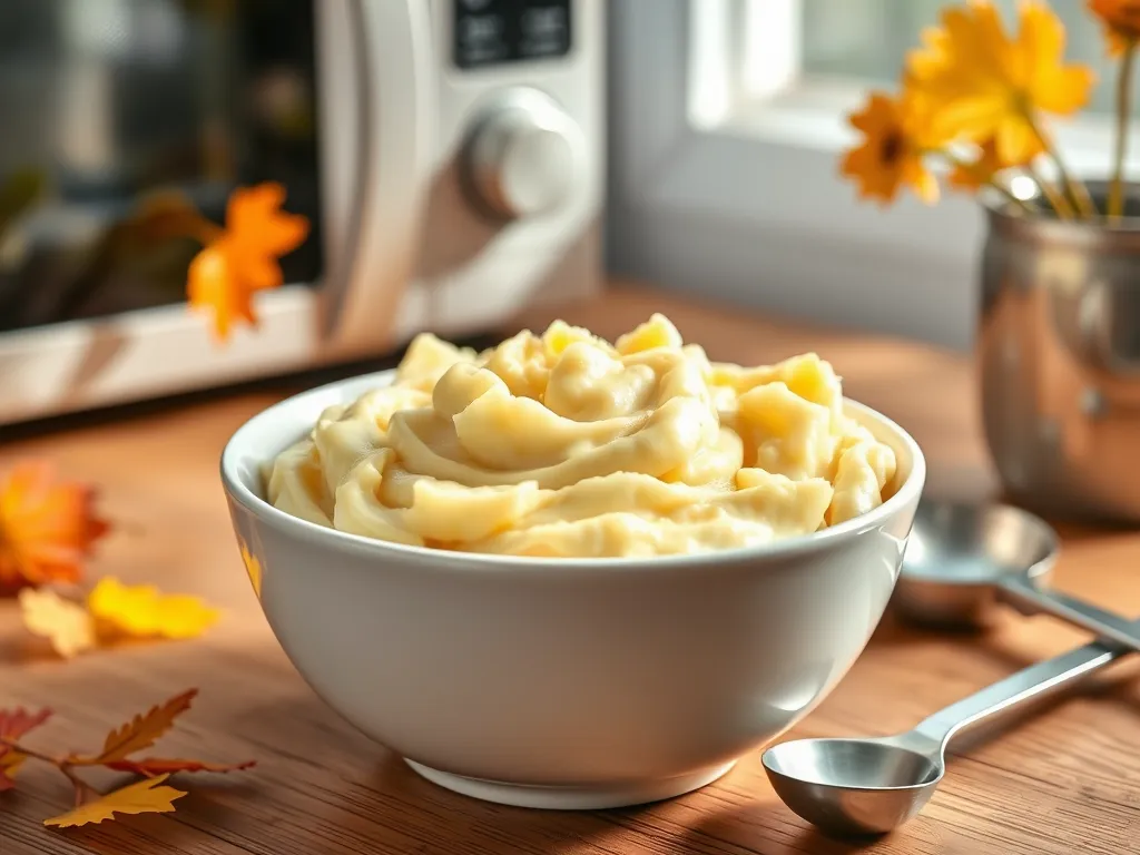 Bowl of creamy cheap microwave instant mashed potatoes ready to enjoy.