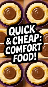 Bowl of cheap microwave instant mashed potatoes topped with canned gravy