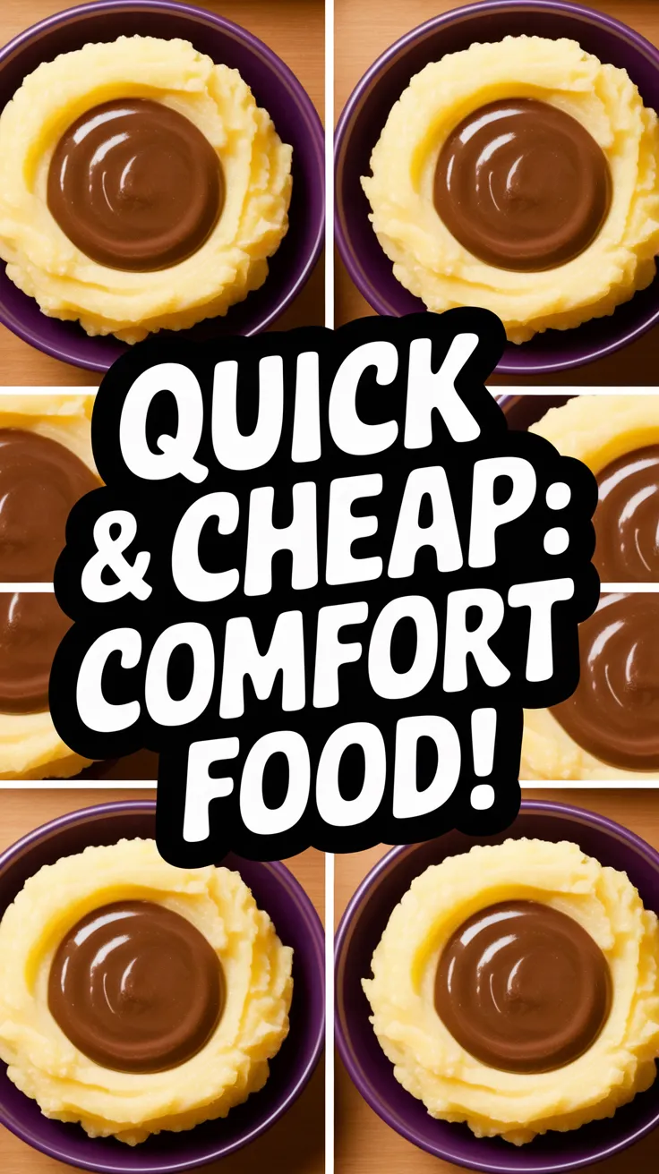 Bowl of cheap microwave instant mashed potatoes topped with canned gravy