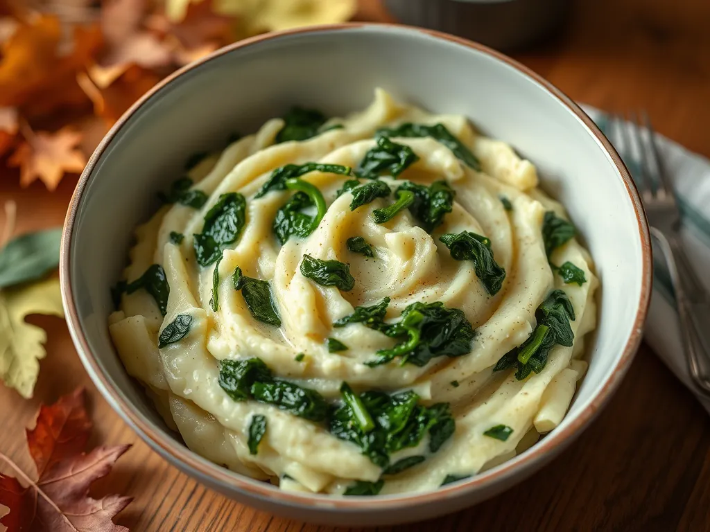 Bowl of cheap microwave instant mashed potatoes topped with canned spinach
