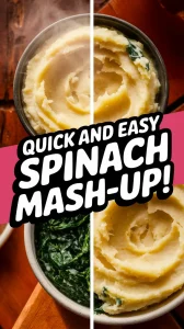 Bowl of instant mashed potatoes mixed with canned spinach, perfect for a cheap and quick meal.