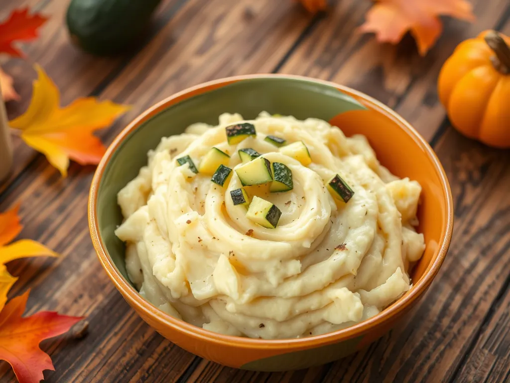 Bowl of cheap microwave instant mashed potatoes topped with canned diced zucchini