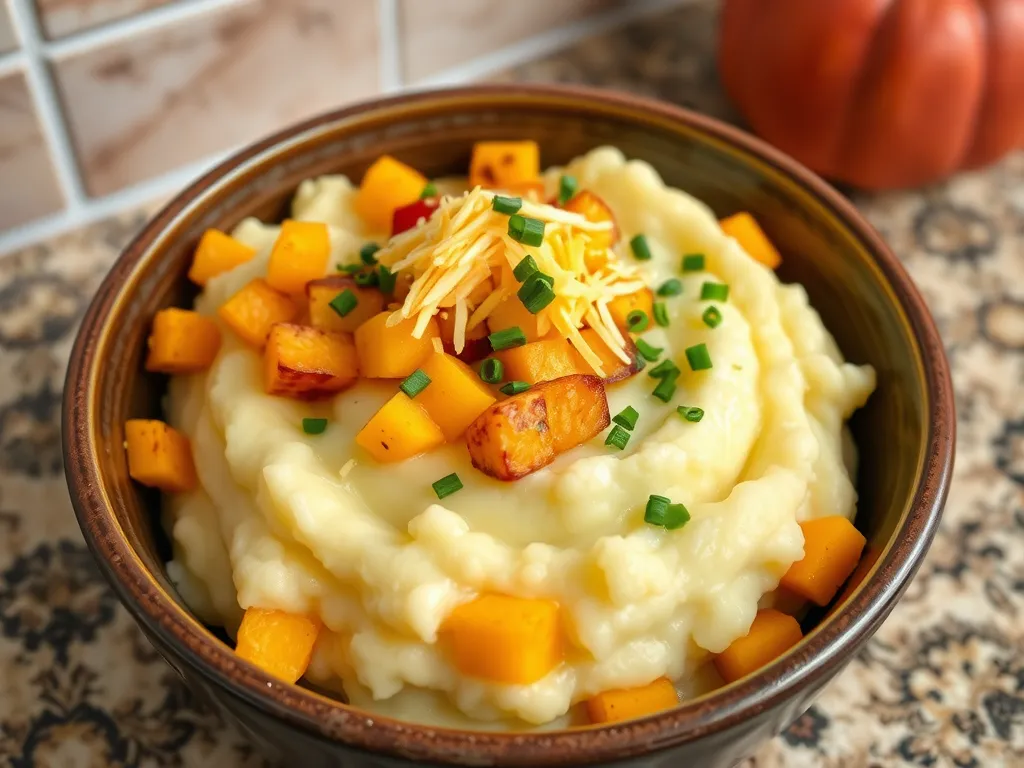 Bowl of cheap microwave instant mashed potatoes topped with canned diced squash, cheddar cheese, and green onions.