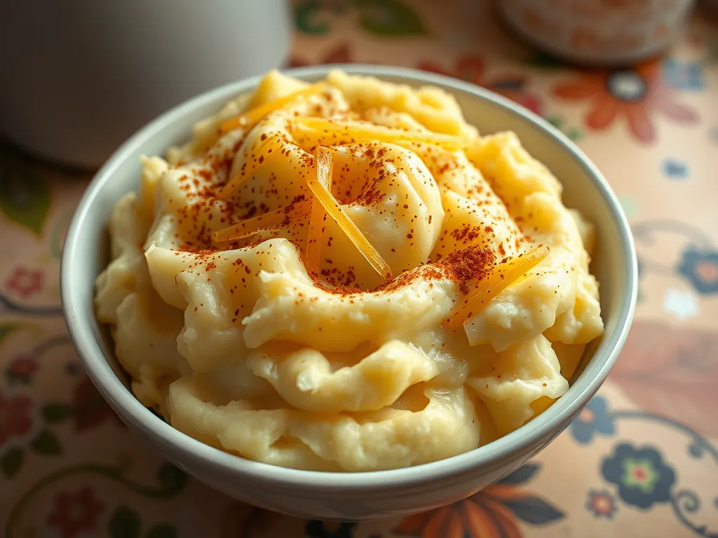 Bowl of cheap microwave instant mashed potato with cheese topping