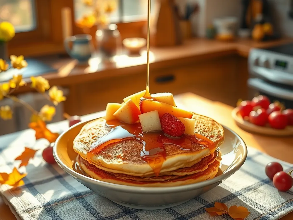 Delicious pancakes topped with fruits and syrup, showcasing a cheap microwave instant noodle pancake recipe.