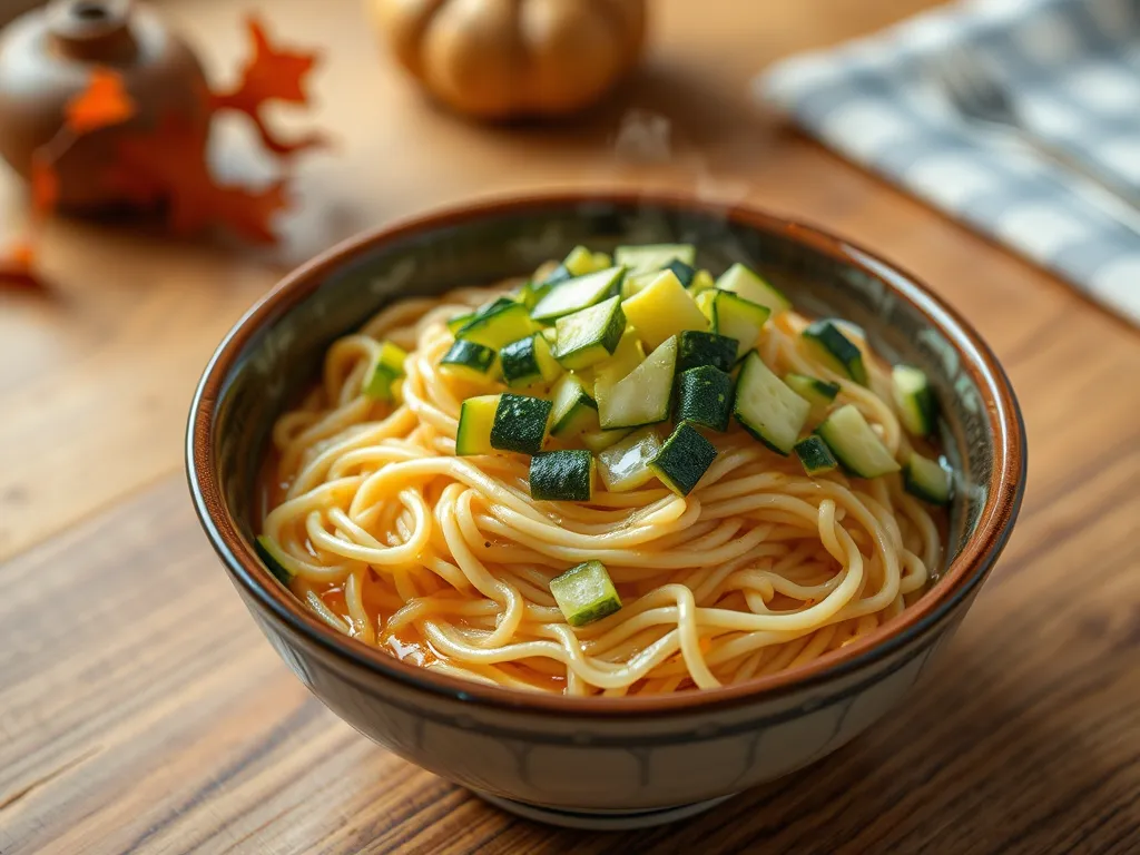 Bowl of cheap microwave instant noodles topped with canned diced zucchini