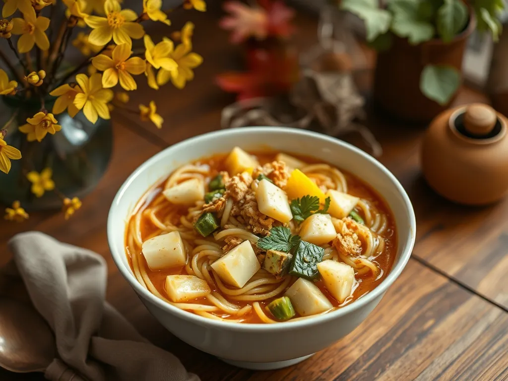Bowl of cheap microwave instant noodles with canned diced artichokes and fresh herbs