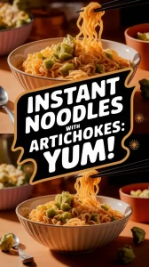 Bowl of cheap microwave instant noodles topped with canned diced artichokes and green vegetables.