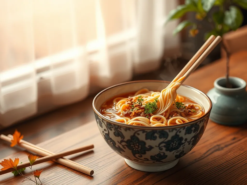 Bowl of cheap microwave instant noodles topped with canned chicken and herbs for a quick meal.