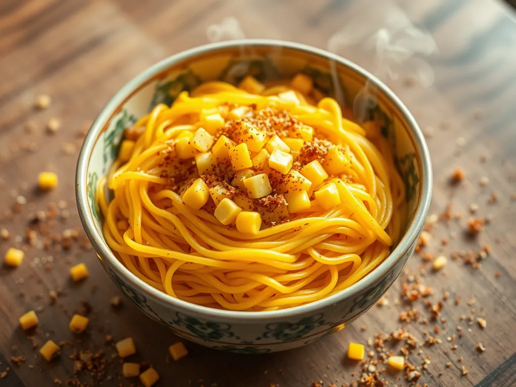 A bowl of cheap microwave instant noodles topped with canned corn, showcasing a quick meal option.