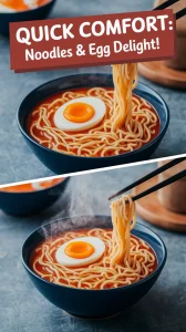 Bowl of cheap microwave instant noodles topped with a soft-boiled egg, perfect for a quick meal.