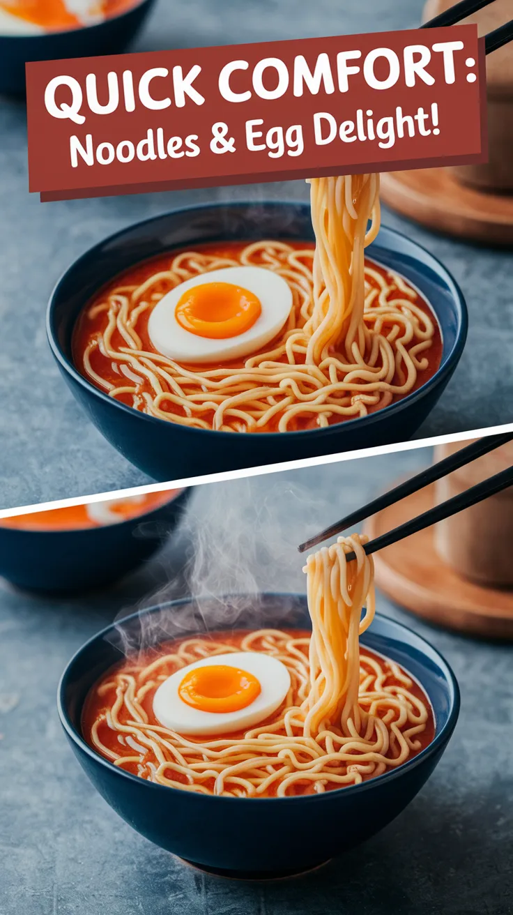 Bowl of cheap microwave instant noodles topped with a soft-boiled egg, perfect for a quick meal.